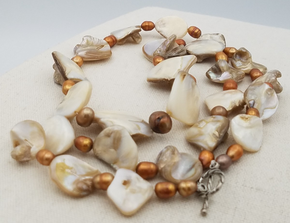 Vintage Golden Mother of Pearl Baroque Golden Pearls Long Necklace 37 in