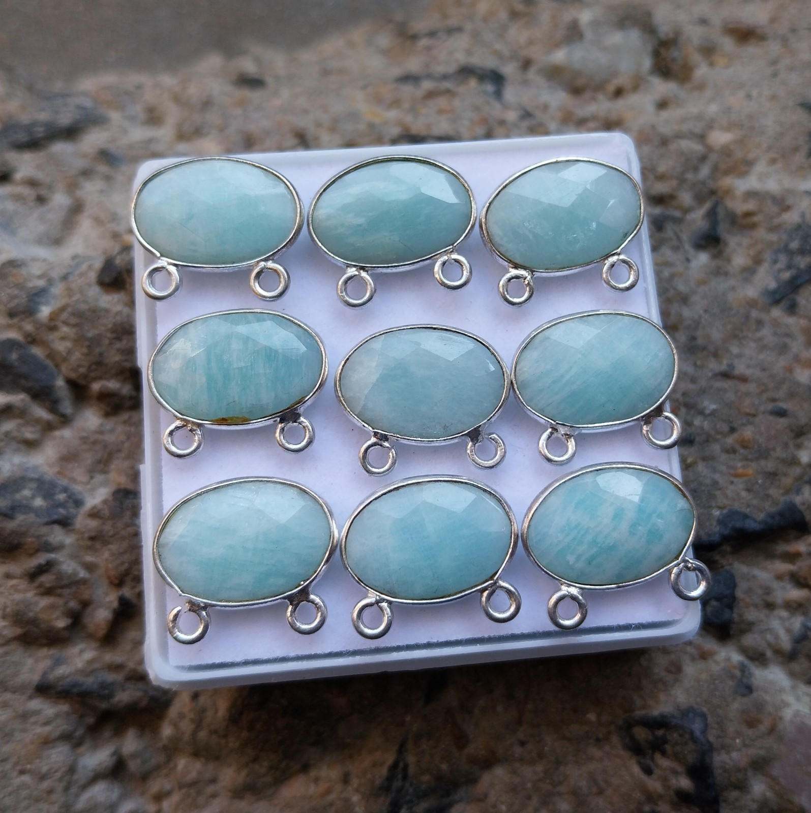 925 Sterling Silver 12 to 16 MM Amazonite Oval 9 Piece Double Loop Pendant