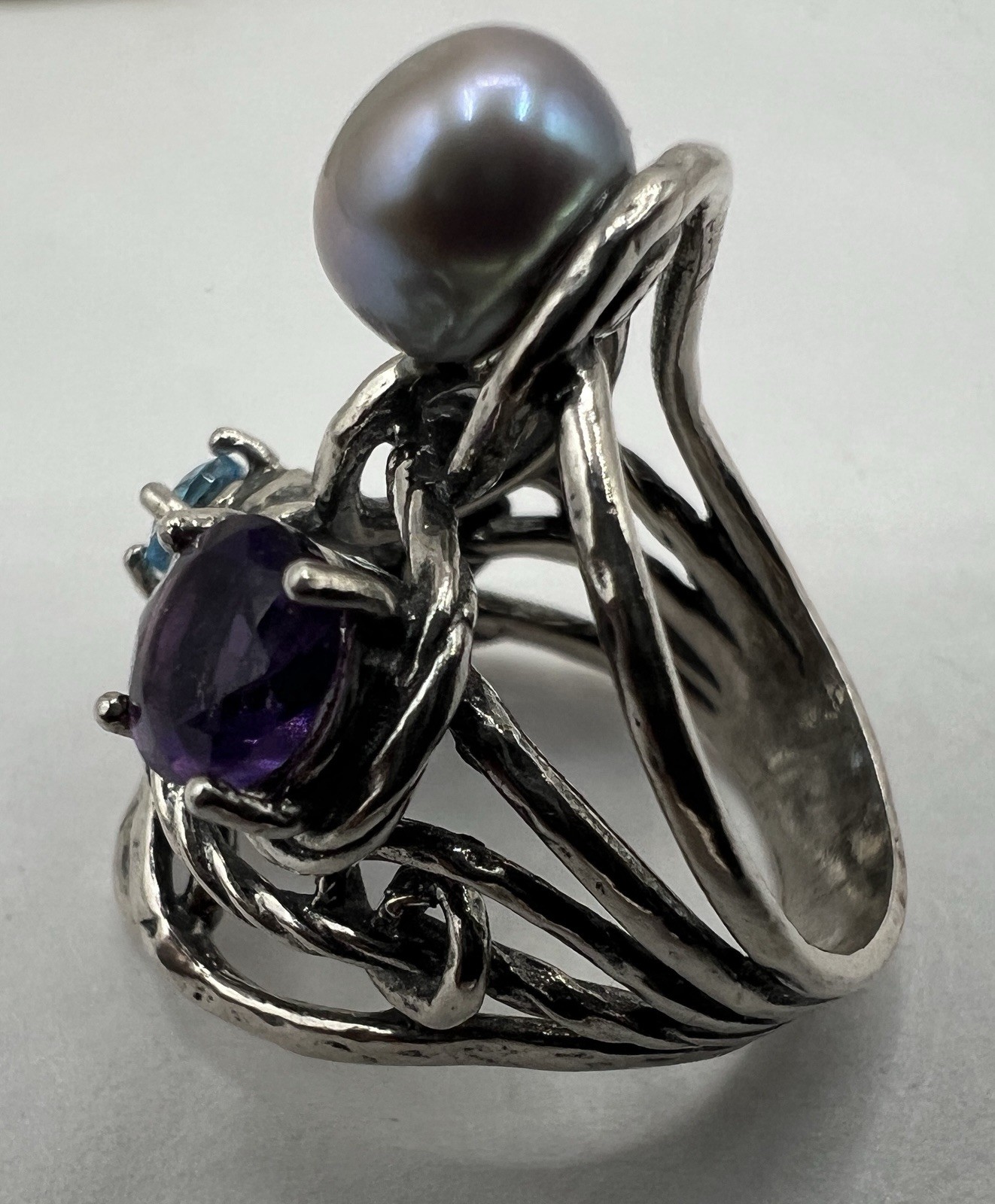 PZ Paz Creations Sterling Silver Pearl Amethyst Topaz Brutalist Split Shank Ring