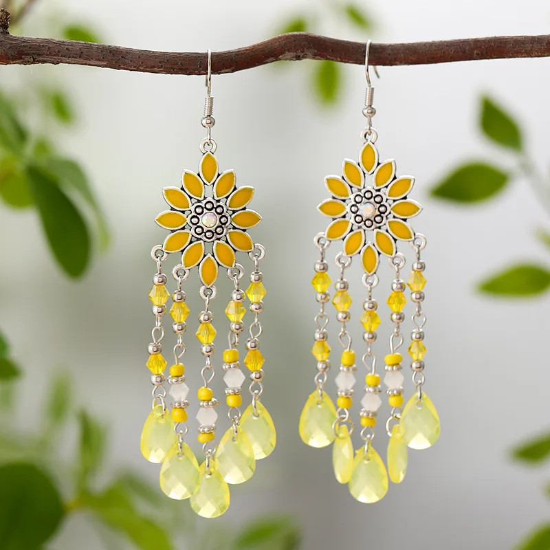 Bohemian Vacation Style Water Drop Tassel Earrings for Women Vintage Long Drop