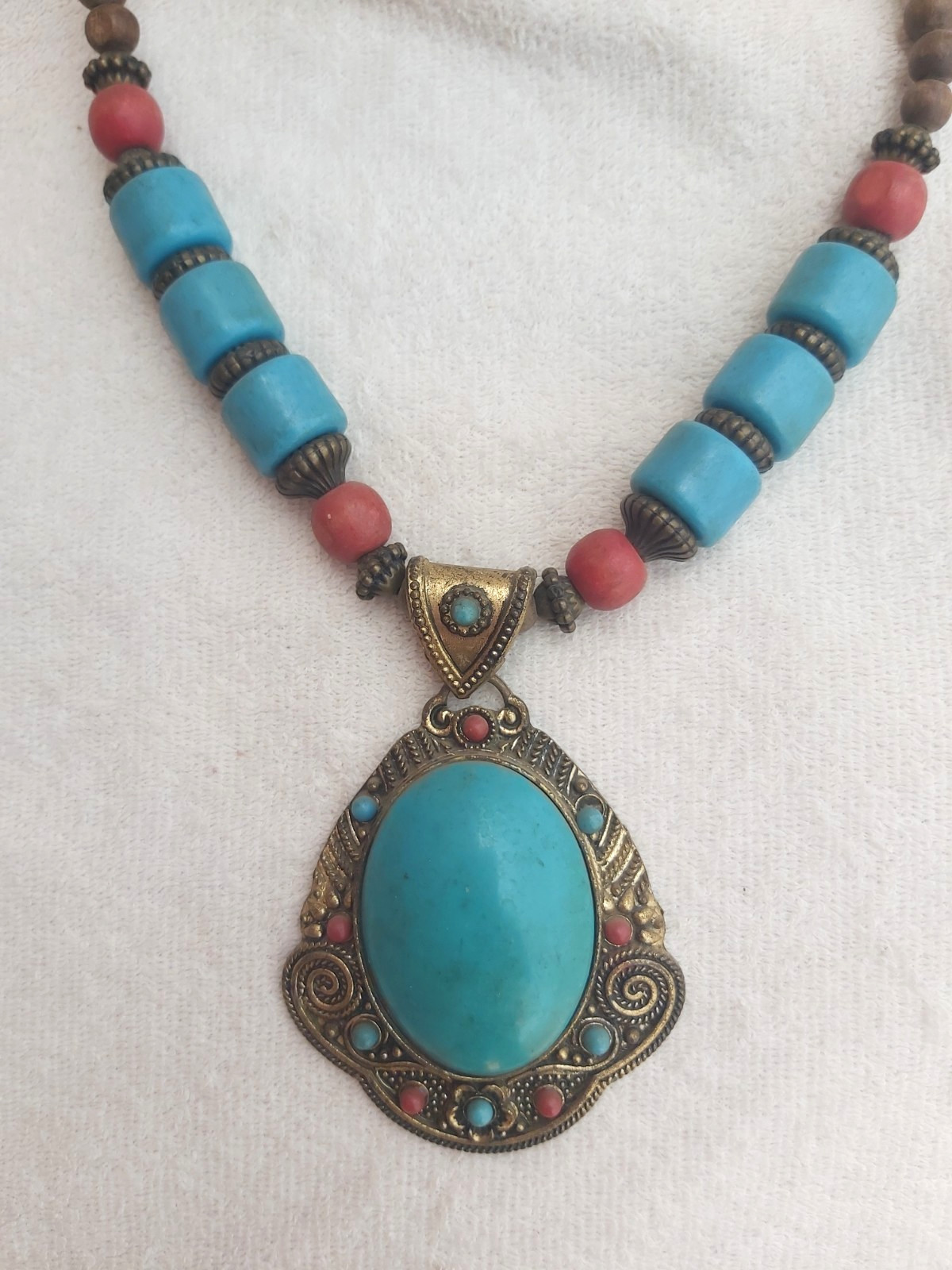 Vintage Berber Turquoise Pendant Necklace Ethnic Tribal Boho Statement Jewelry