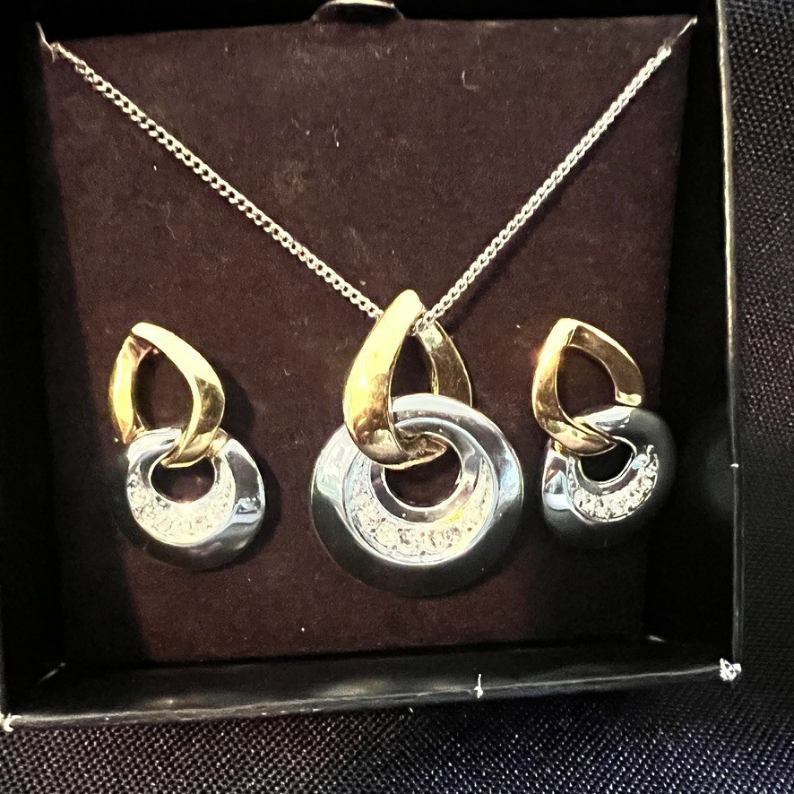 SAC Two Tone Necklace Earring Set NOS Vintage 1990s Silver Gold Tone Crystal
