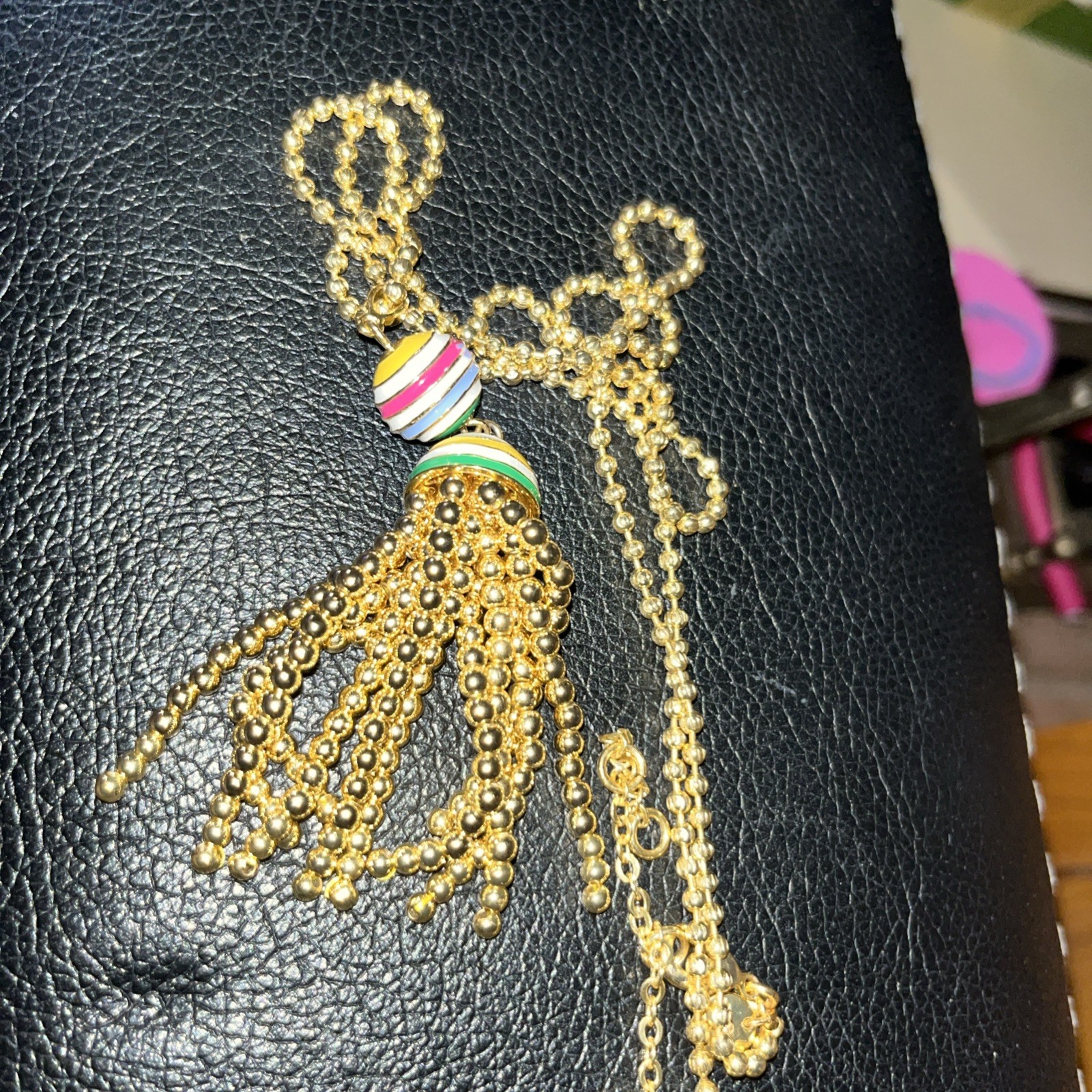 Talbots Gold Tone Multi-Color Stripe Tassel Necklace Boho Enamel Ball Chain Bead