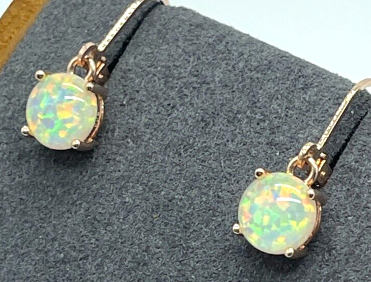 Earrings. Rose Gold Tone White Multicolor Reflective Opal Leverback w/1″ Drop