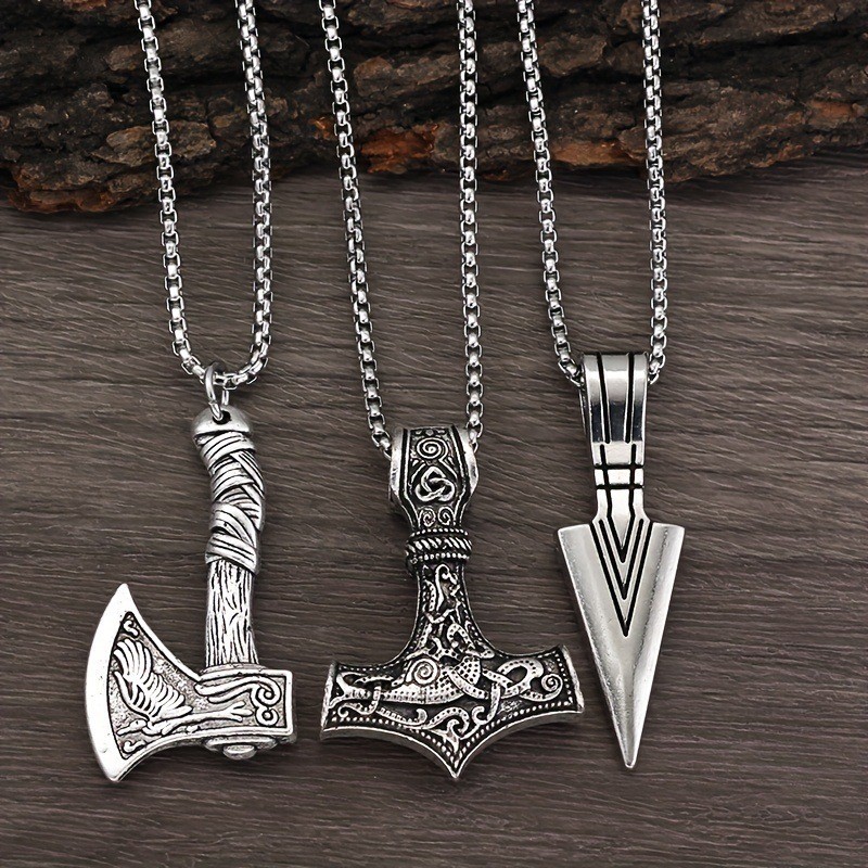 Retro Viking Weapon Pendant Necklace Set 3Pcs Mjolnir Axe Spear