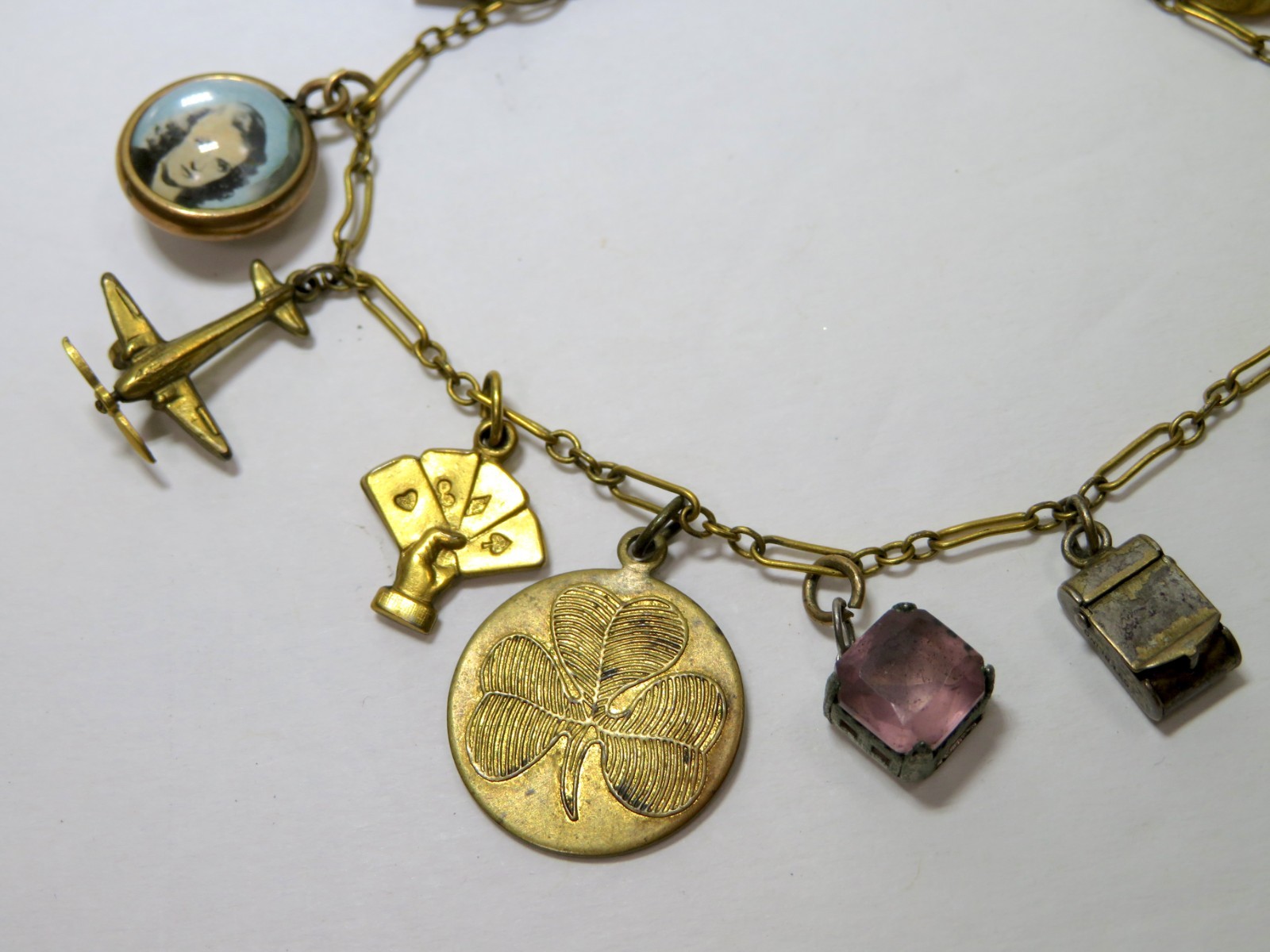 Vintage Brass Charm Bracelet W/ 10 Charms – 7 Inches