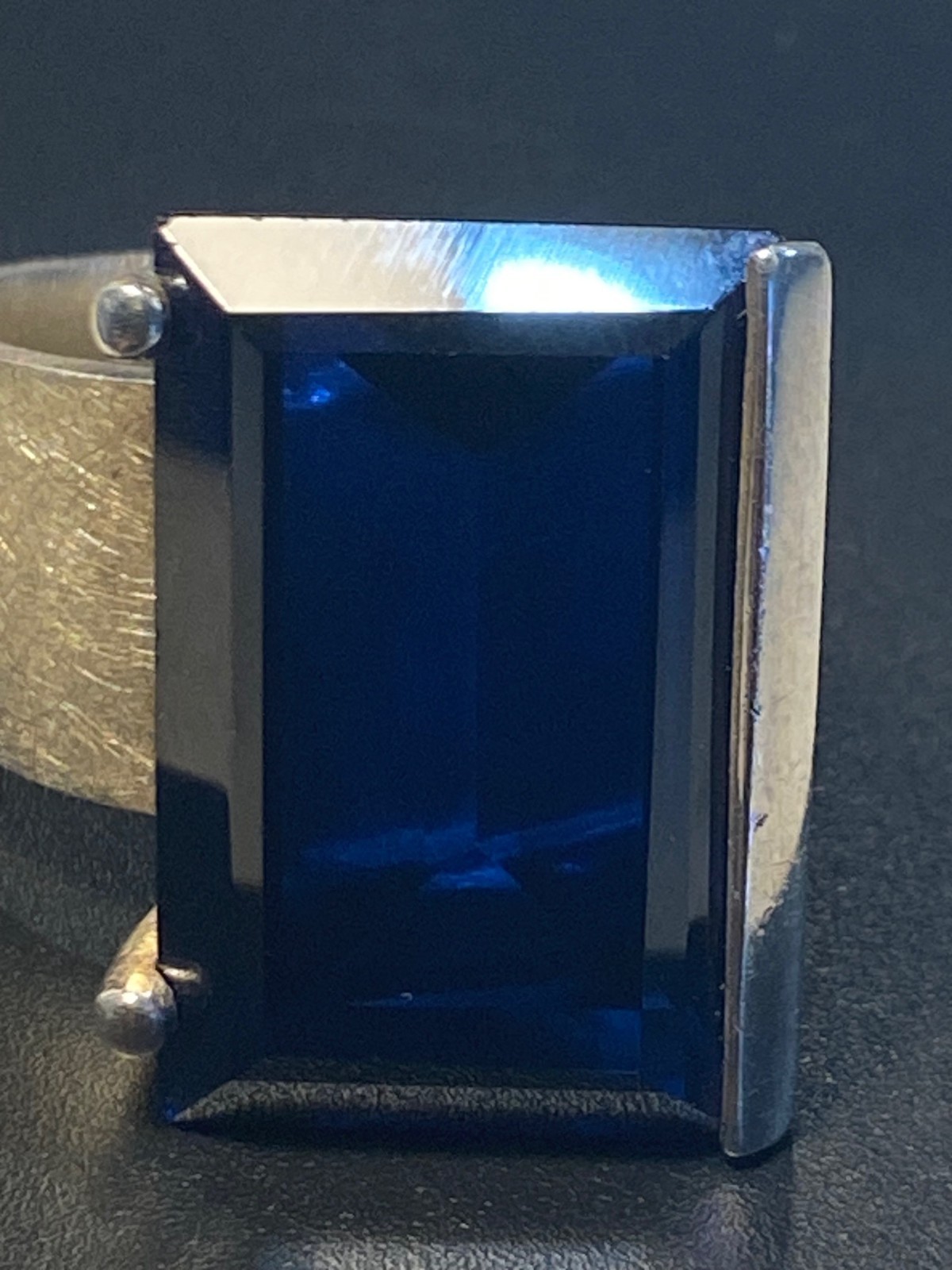 Cobalt Blue lab-created Spinel Ring 925 Silver Emerald Cut ~33.5 ctw Sz ~7.75