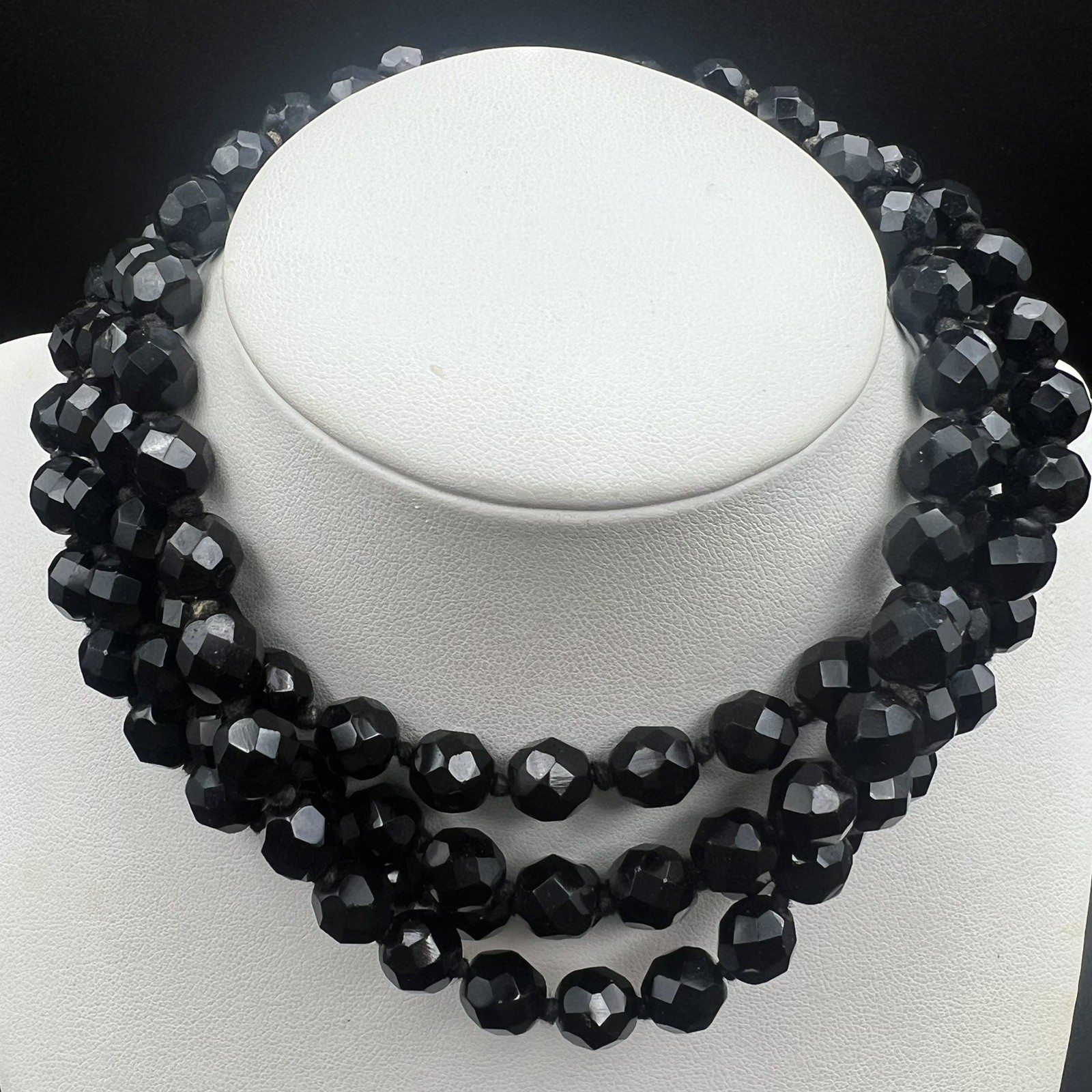 Vintage Faceted Jet Black Glass Double Strand Beaded Necklace Made in Austria