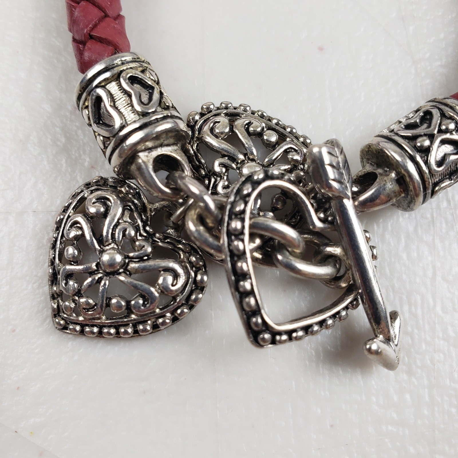 Burgundy Braided Leather Heart Charm Toggle Bracelet Silver Tone Filigree Boho