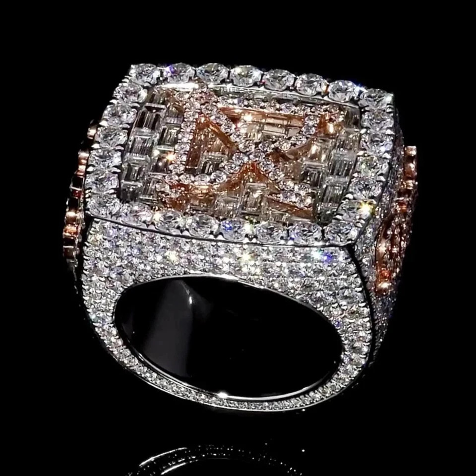 8TCW Lab Created Baguette Diamond Two Tone Gold Plated Men’s Custom Letter Ring