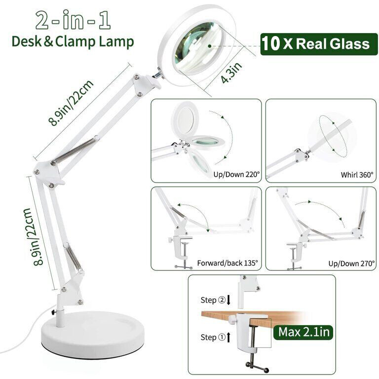 10X Magnifying Glass Desk Light Magnifier LED Lamp Reading Lamp With Base&Clamp