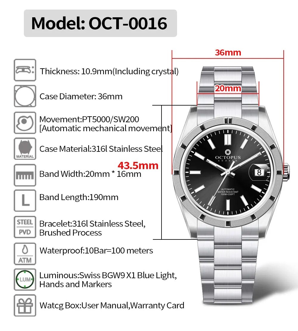 OCTOPUS KRAKEN PT5000 SW200 Automatic 100M Luxury Men Wrist Watch BGW9 36mm 316L