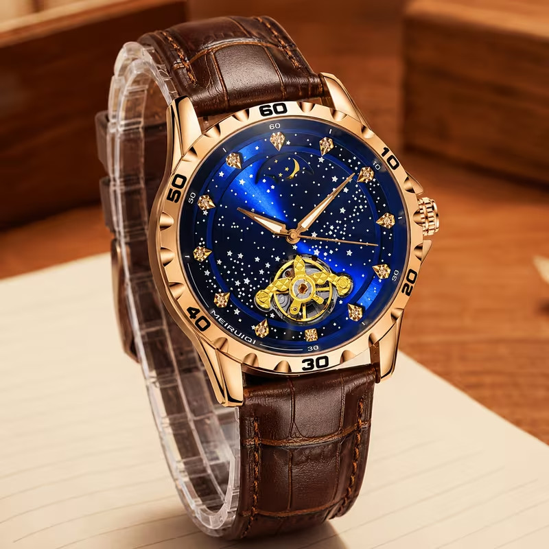 MEIRUIQI Men’s Luxury Watch Gold Case Blue Starry Night Sky Dial Brown Leather