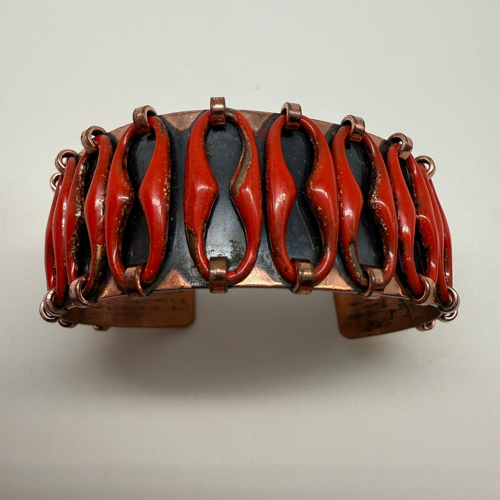 Vintage Matisse Cuff Bracelet Women Red Copper Mid-Century Modern Enamel MCM