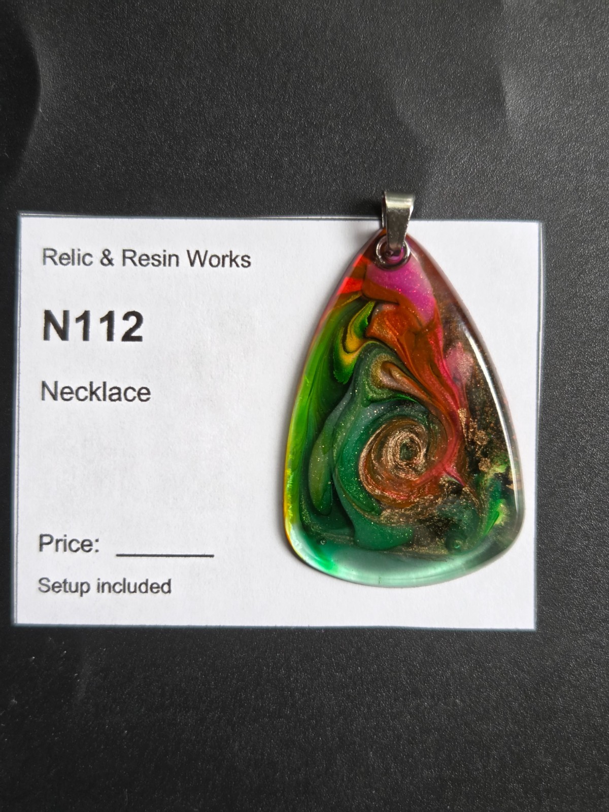 OOAK Green Pink Gold Petri Effect Resin Teardrop Pendant N112