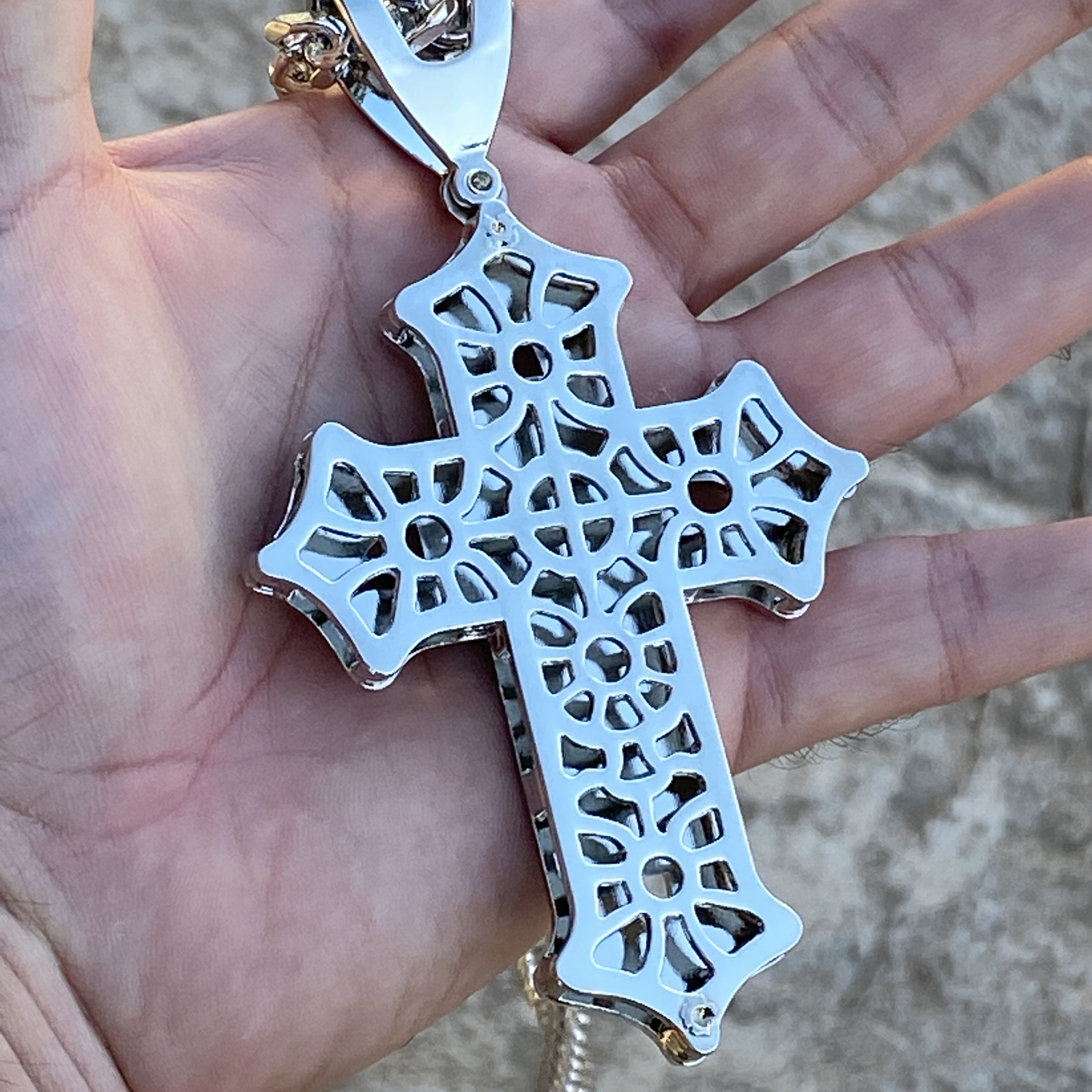 Huge Open Cross Iced Flooded Out CZ Silver Tone Cuban Link Hip Hop Chain 30″