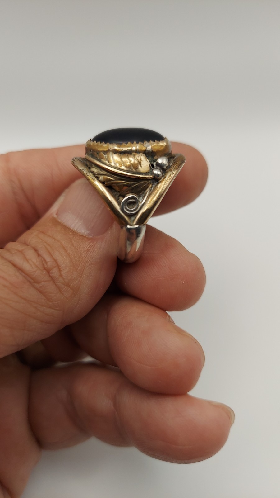 mens native signed KC, sterling silver and 12k gold filled ring, black onyx, 10