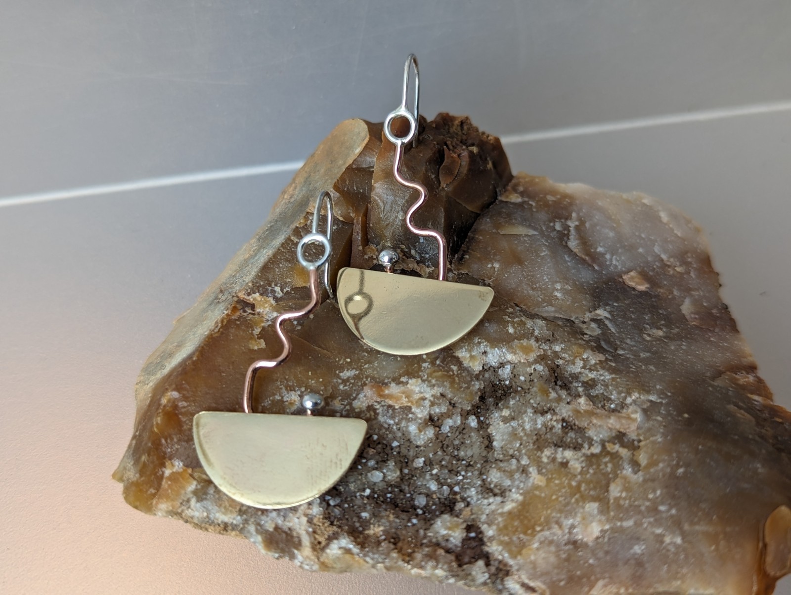 Artisan Hand Made Copper/Brass/Sterling Silver Abstract Dangle Hook Earrings