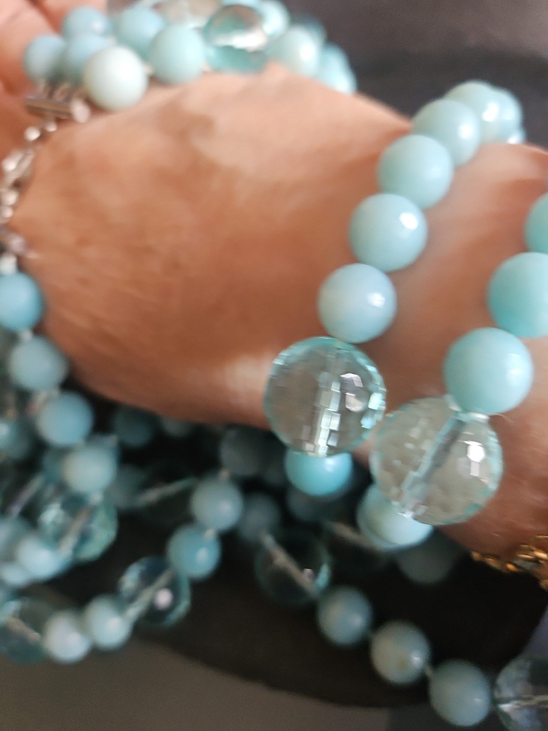 LP Genuine Stones Amazonite Bids & Blue Topaz 3 Strands Silver 925 Necklace 22″