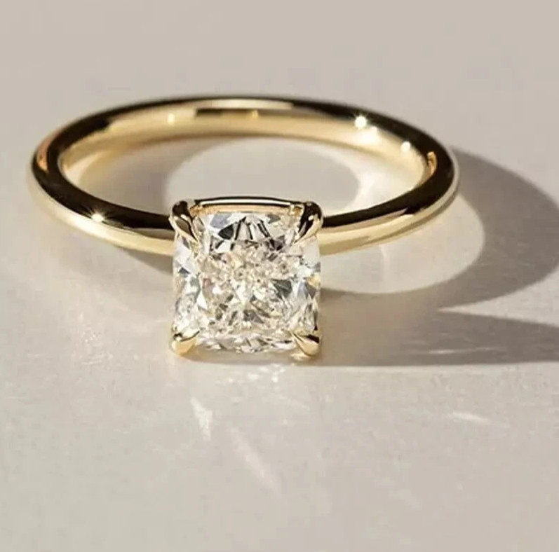 2Ct Cushion Cut Lab-Created Diamond Women’ Solitaire Ring 14K Yellow Gold Plated