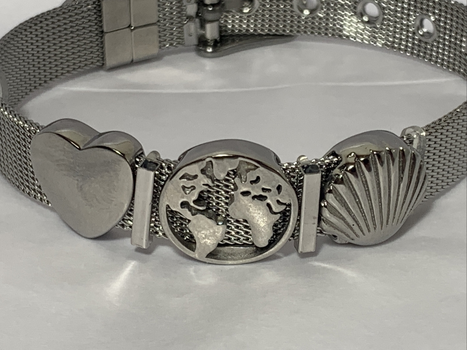 Silver Tone Stainless Steel Mesh Charm Bracelet Buckled Band with 3 charms