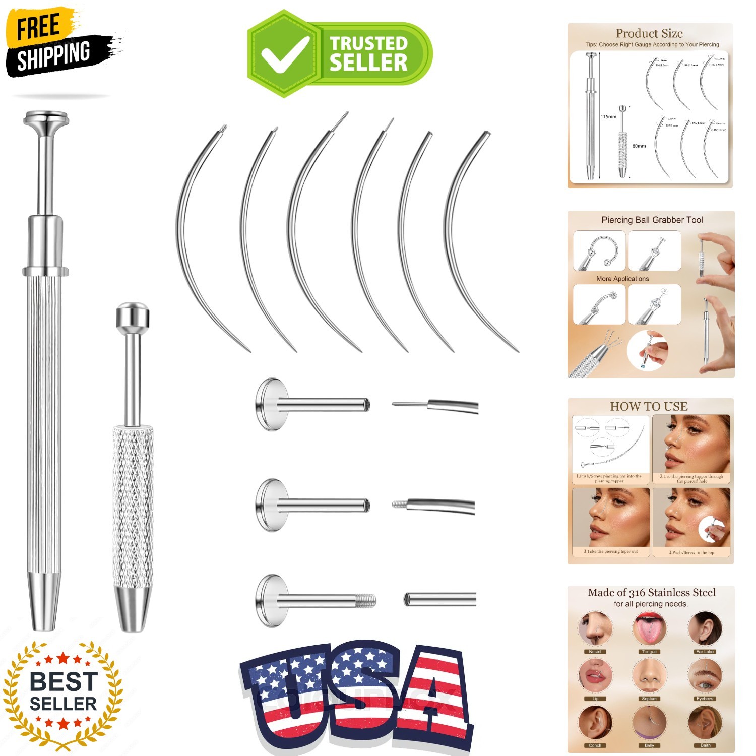 2Pcs Piercing Ball Grabber Tool for Changing Jewelry, Stianless Steel Flat Ba…