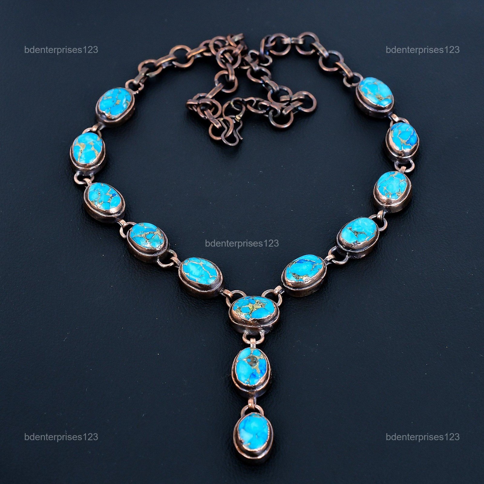 Oval Copper Blue Turquoise Gemstone Copper Chain Electroformed Necklace Jewelry