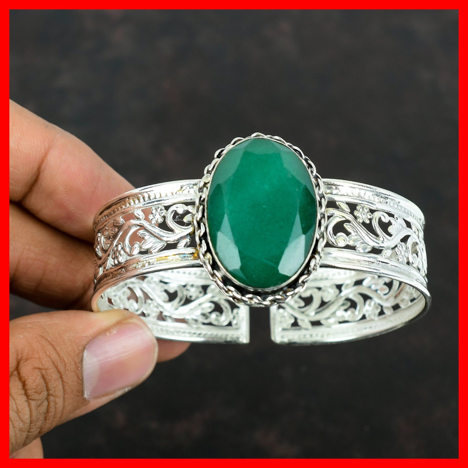 Sterling Silver Oval Zambian Emrald Gemstone Bezel Wedding Wife Bangle Jewelry