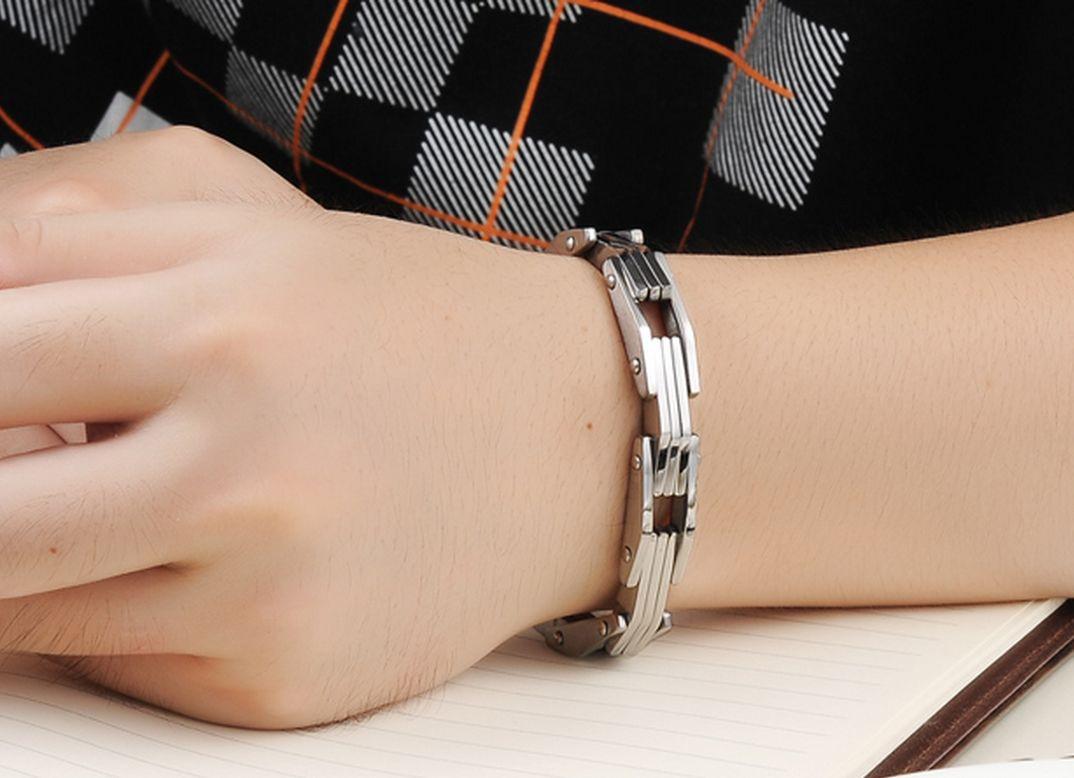 Men’s Stainless Steel 316L Silver Triple Stripe Link Bracelets 8.5″