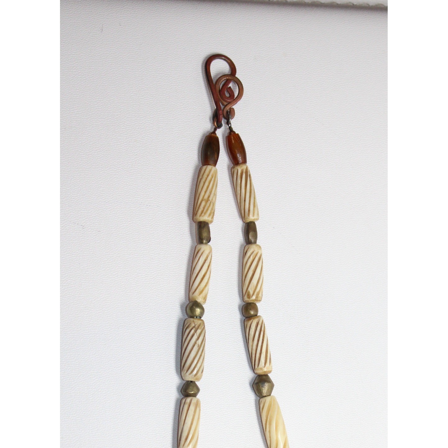 handcrafted Nigerian Trade Bead Necklace 26″ blue yellow brown glass copper