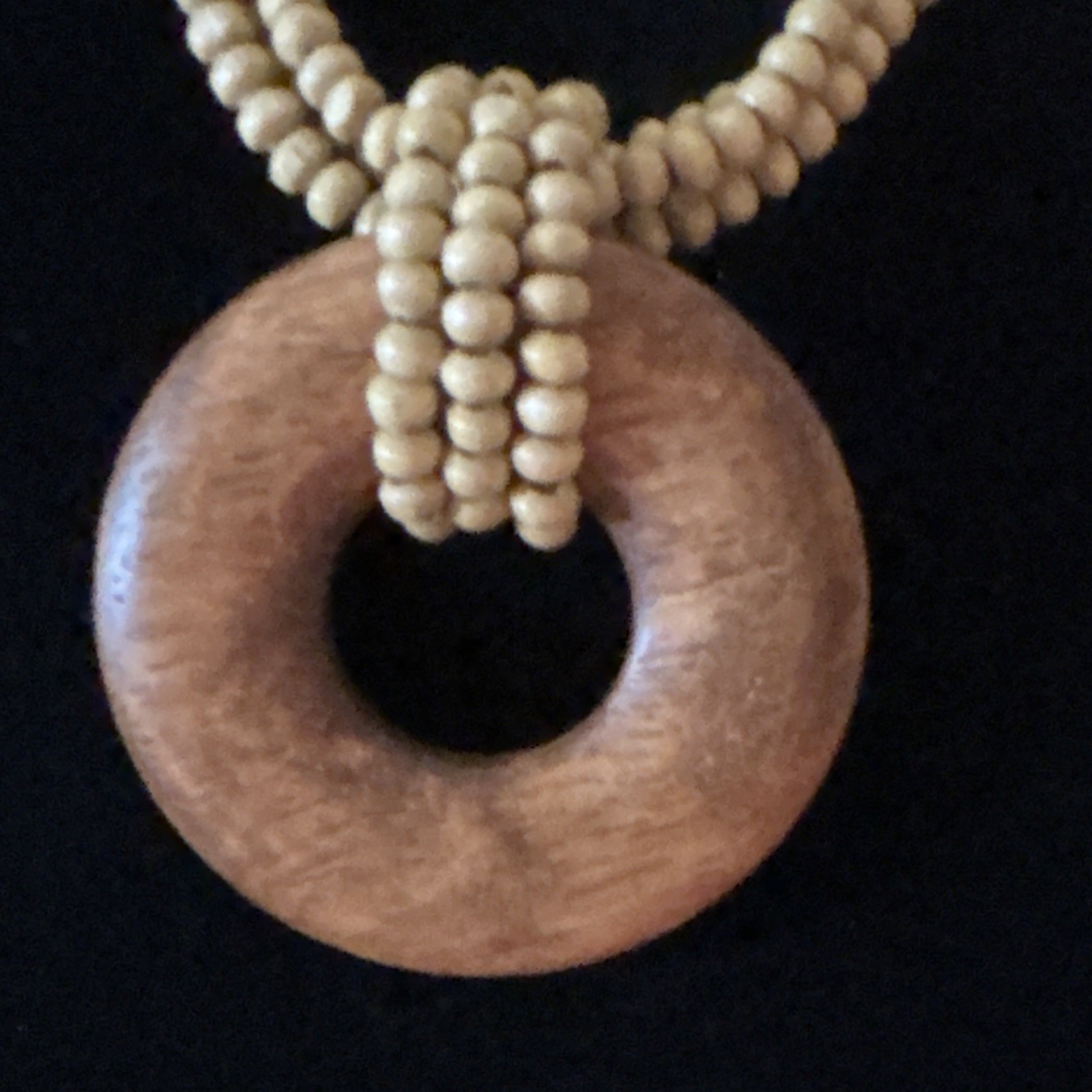 Multi-Strand Beige Brown Beaded Necklace Wood Round Ring Pendant Adjustable