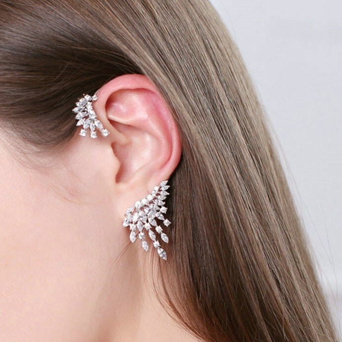 DOUBLE SIDE Silver Marquise Cut CZ Cluster Earrings Ear Cuff Crawler Climber