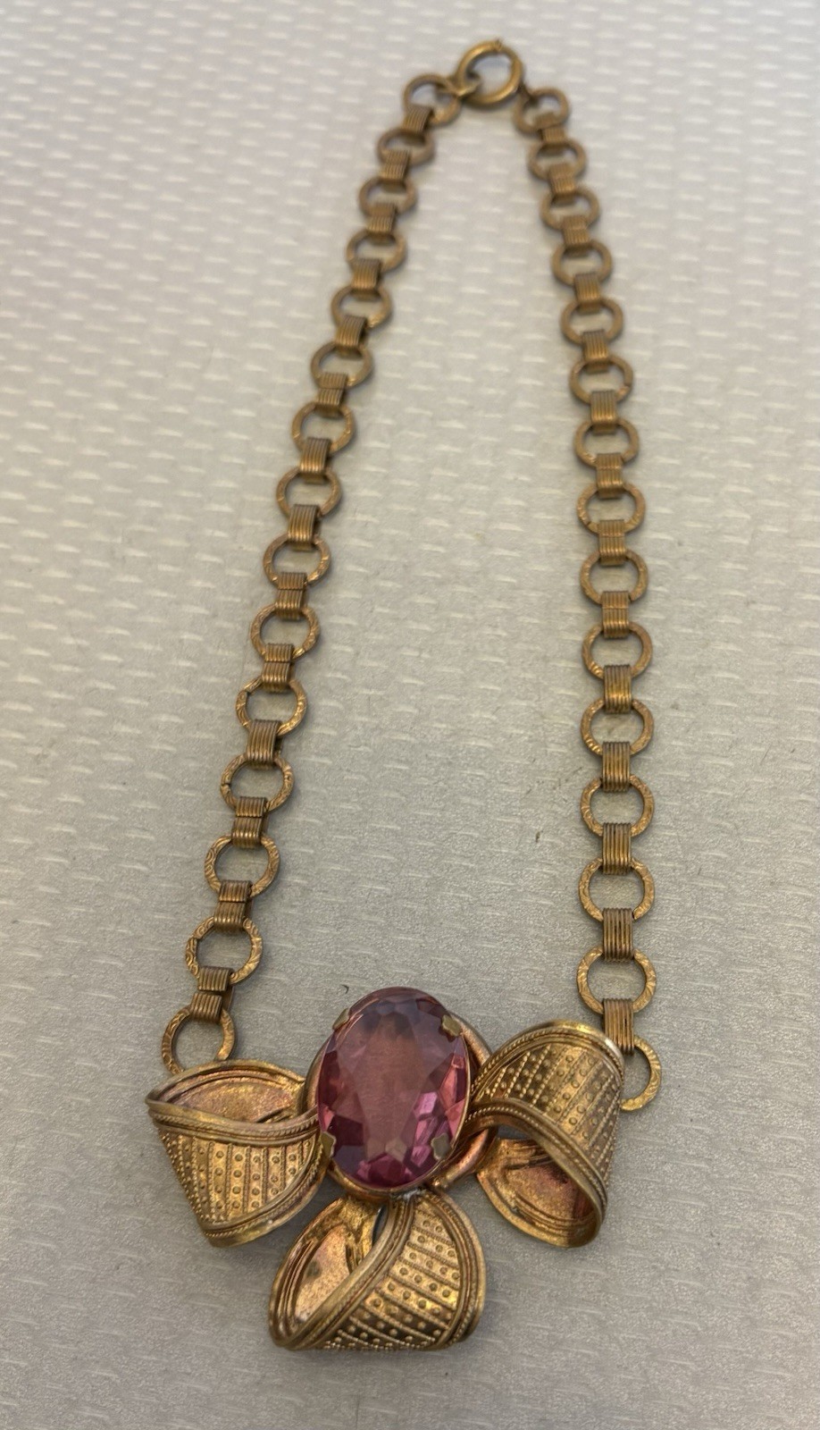 Art Deco Bohemian Pink Glass Brass Bow Pendant Book Chain Choker Necklace 17″