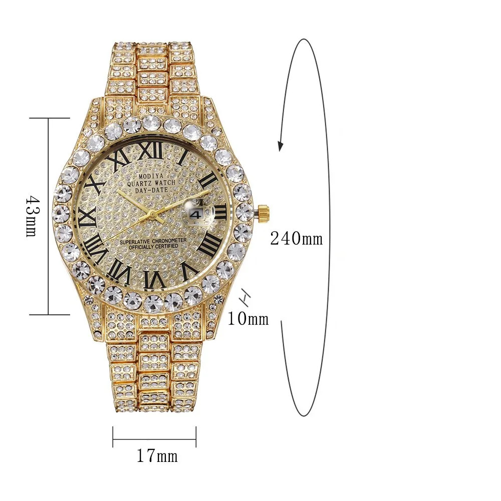 Classic Luxury Golden Men’S Steel Strap Roman Scale Rhinestone Calendar Quartz W