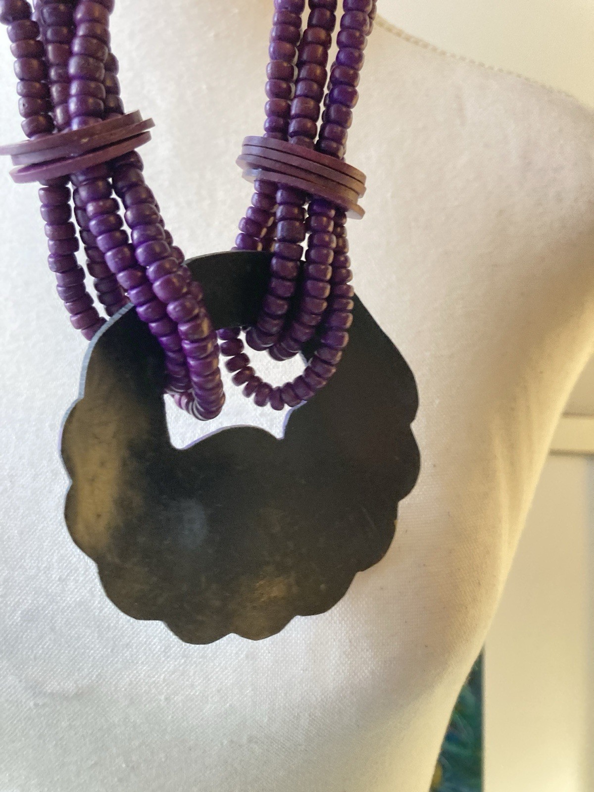 Artsy Wooden Beaded Necklace Statement Pendant Artisan Purple Hand Painted Bold