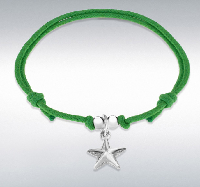 Sterling Silver Star Green Cord Adjustable Bracelet 15cm/6″-25.5cm/10″