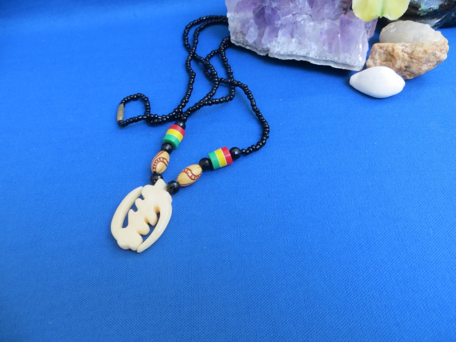 KENYA HAND-CRAFTED RASTA COLORS GYE NYAME SYMBOL PENDANT NECKLACE A