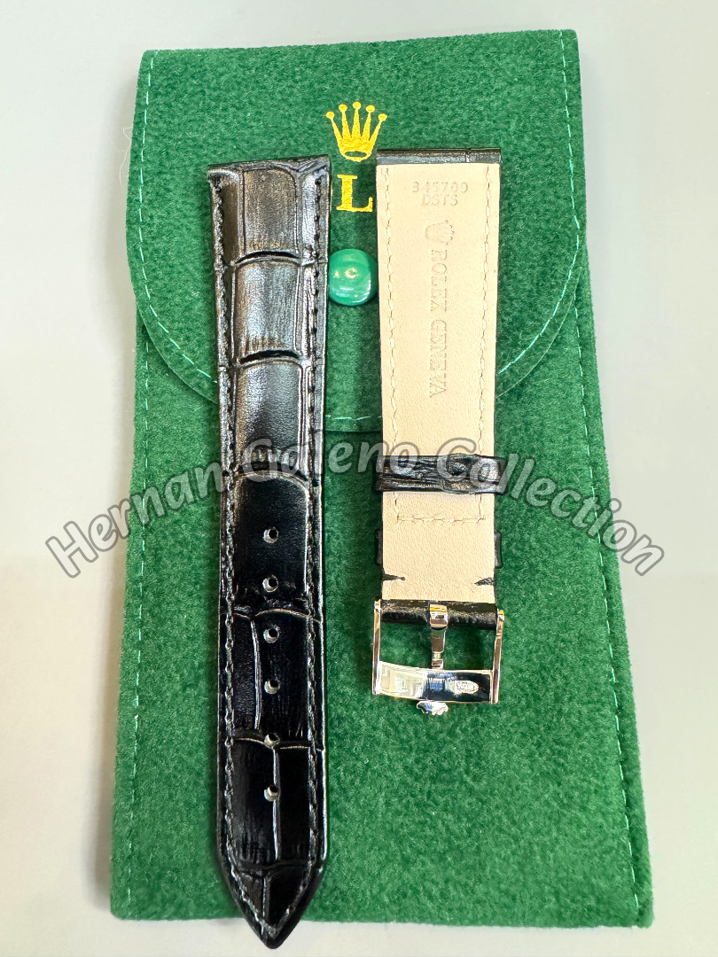 Rolex Black Crocodile Leather Watch Strap Silver Buckle 20mm Vintage NOS