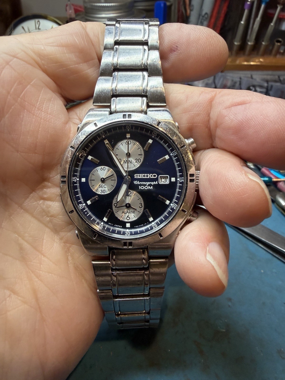 Nice Used Mans Seiko Quartz Chronograph Watch 7T62 Blue Dial