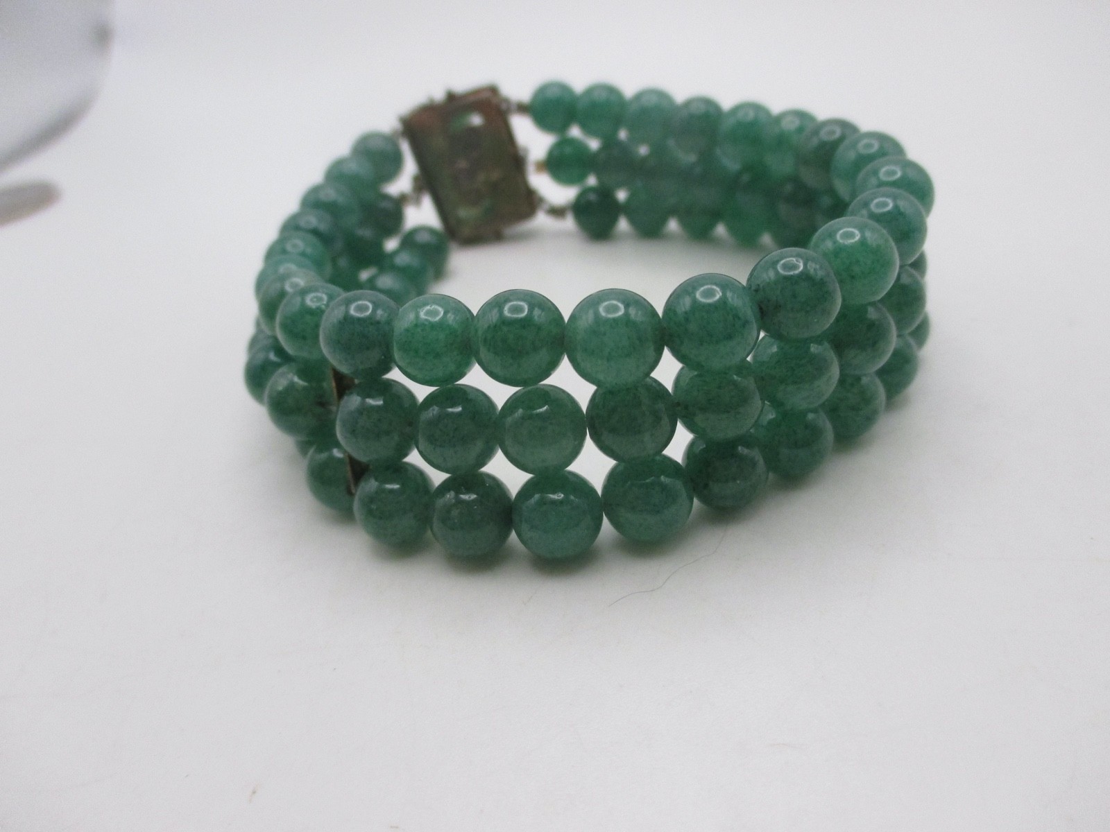 VTG Chinese Export Jade Jadeite 3 Row Beaded Bracelet Carved Flower Clasp Silver