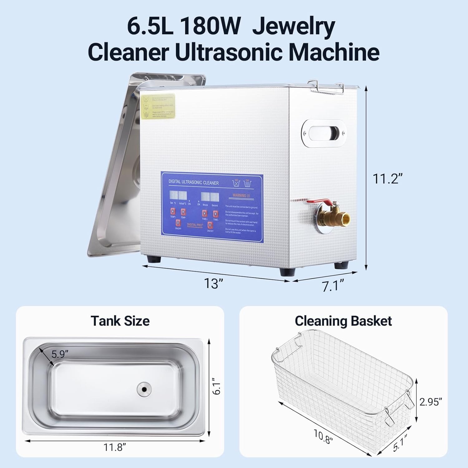 Industrial Heated Ultrasonic Cleaner 6.5L/1.72Gal 180W 40kHz | Commercial-Gra…