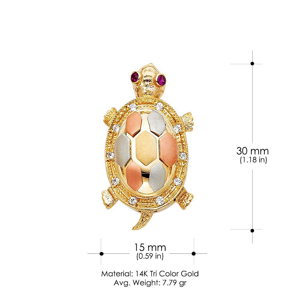 14K Tri Color Gold CZ Turtle Charm Pendant & 1.2mm Box Chain Necklace