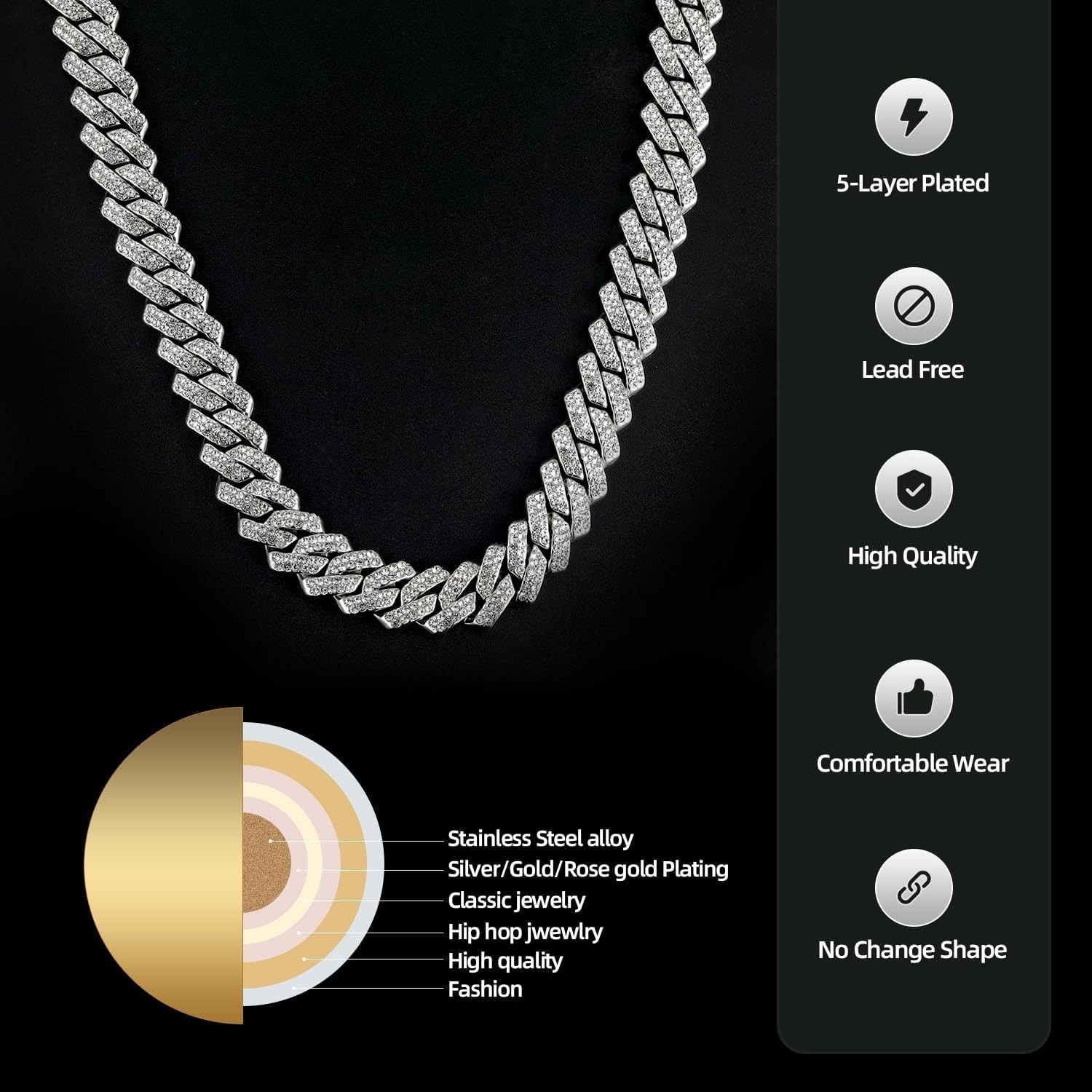 Cadenas de Titanium en Plata 925 Para Hombre Mujer Unisex Cadena Cubana Joyería