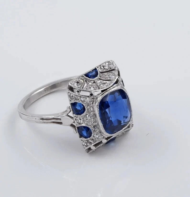 Art Deco Style Sapphire & Lab Created Diamond 14K White Gold FN Engagement Ring