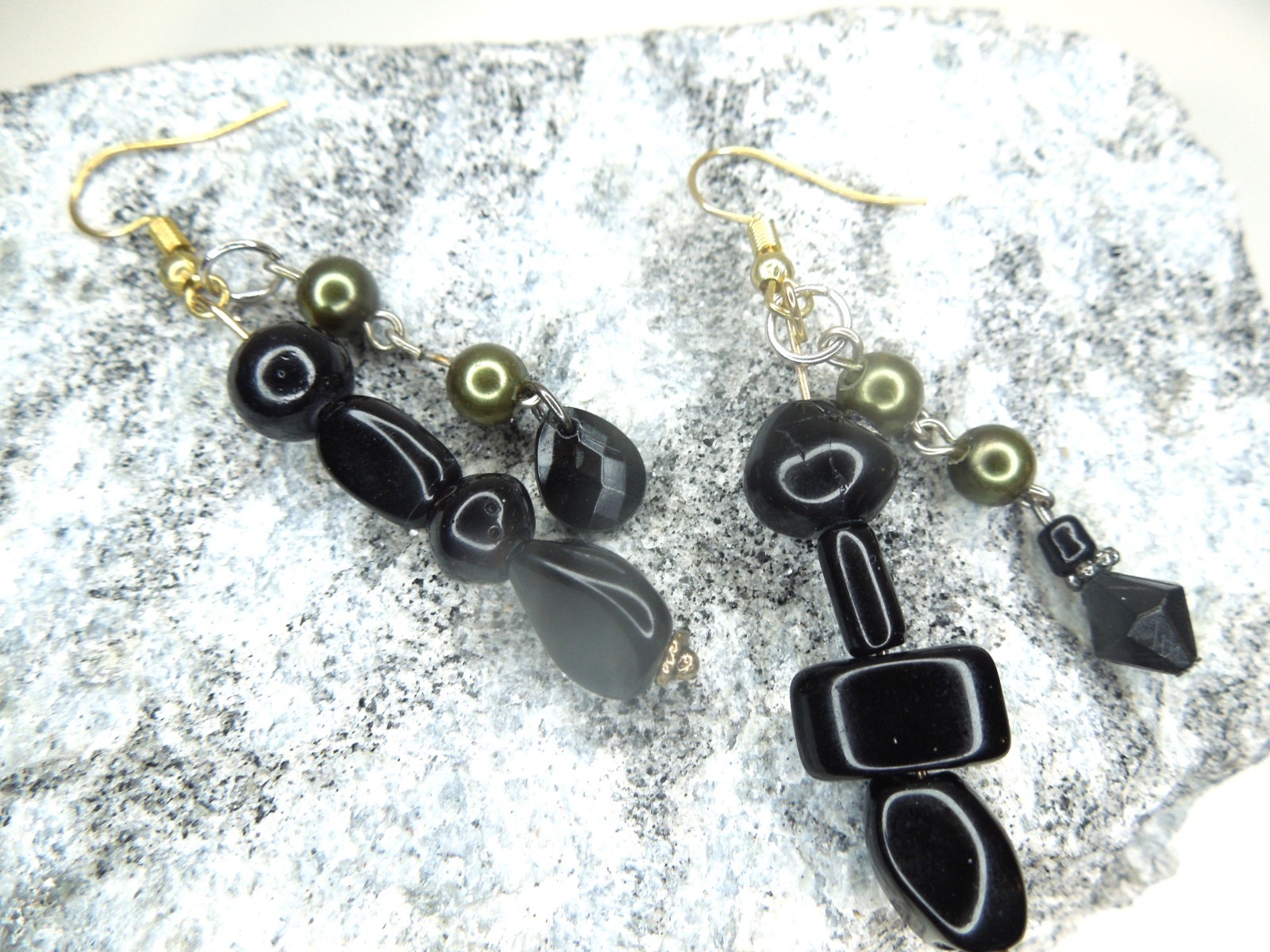 Black and Olive Green Bead Earrings Mixed Metal Handmade Goth Asymmetrical