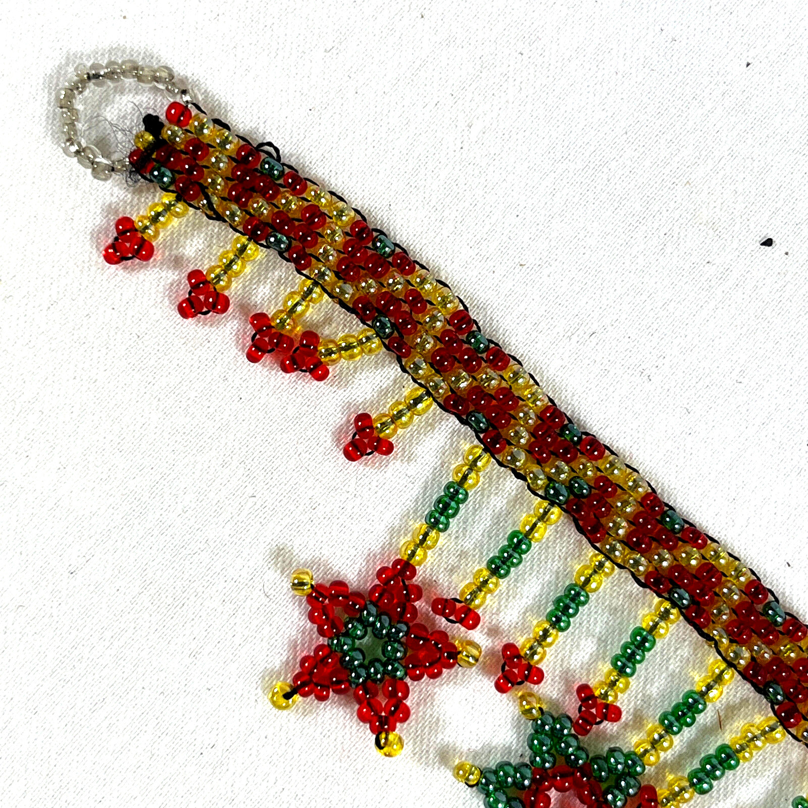 Seed bead woven dangle bracelet green red yellow boho stars ethnic handmade J