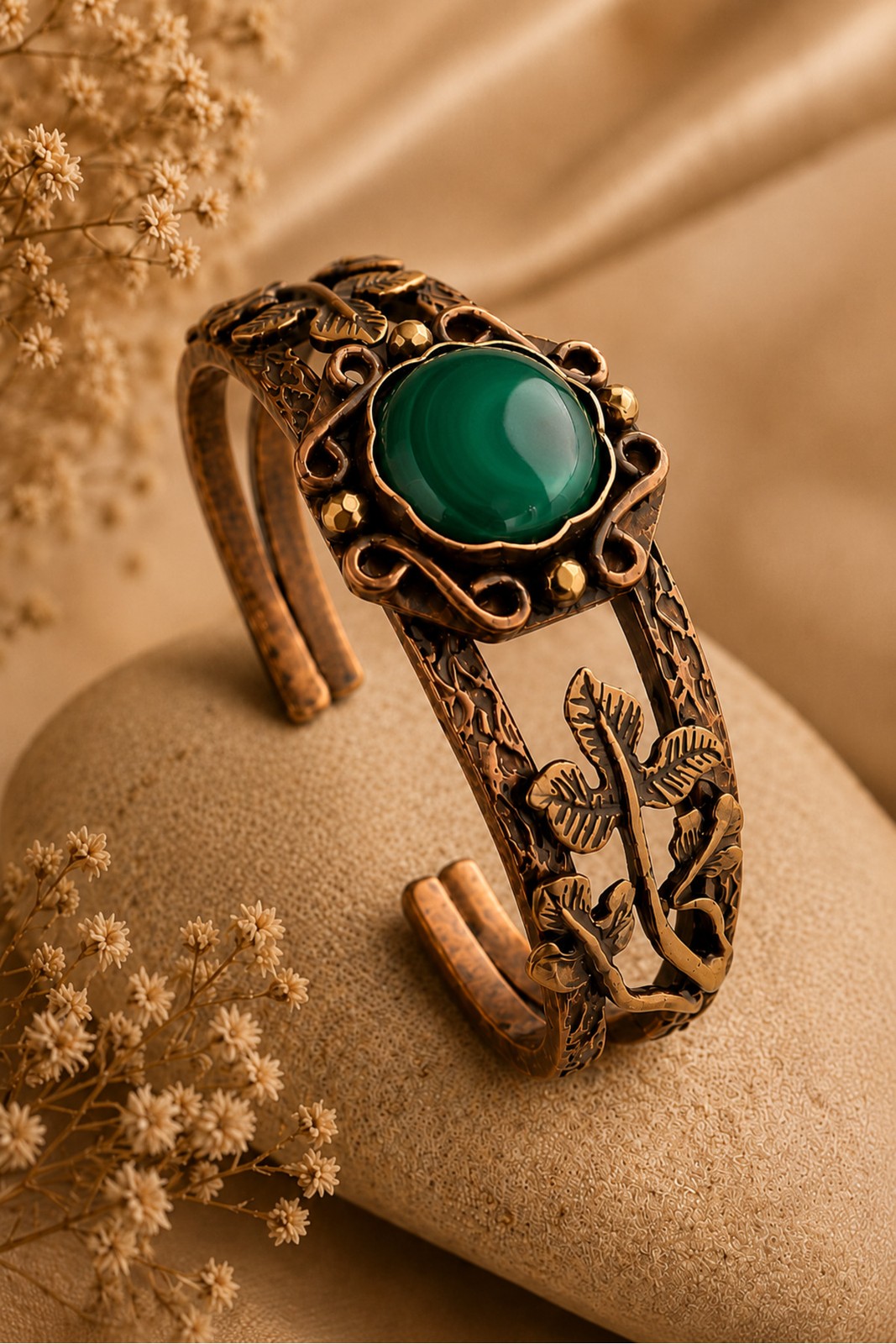 Women’s Green Agate Stone Copper Bracelet Leaf Fig�rl� Authentic Design