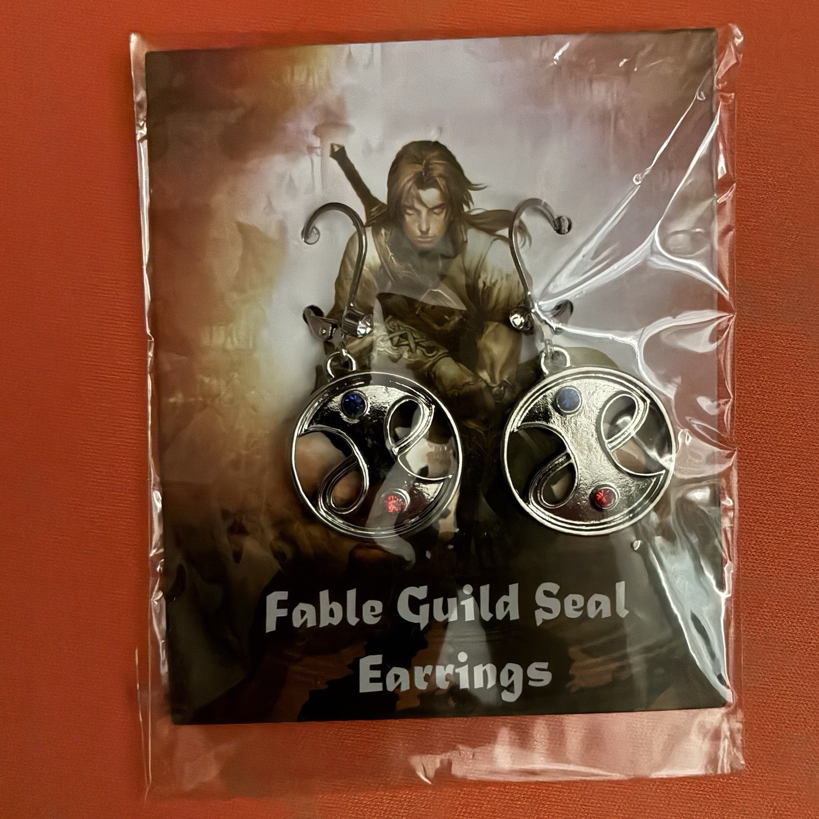 Fable Video Game Guild Seal Earrings Silver Red Blue Stones Dangle/Drop