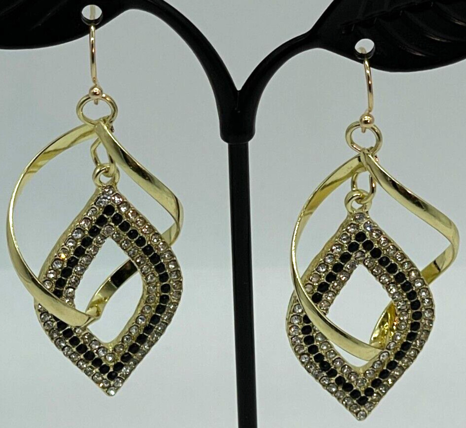 Earrings Gold Tone Black & Clear Crystal Geometric Design Drop = 2 inches