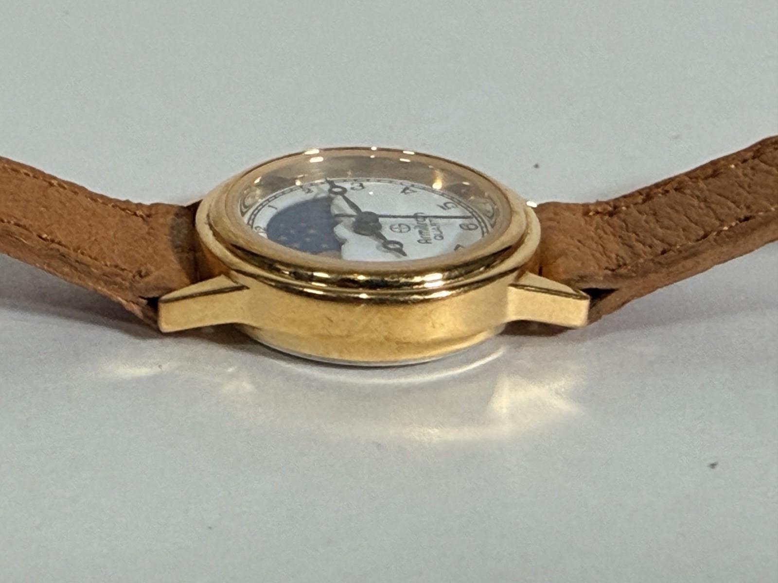 VTG Armitron Quartz Watch Women Moon Phase Gold Tone Leather Analog